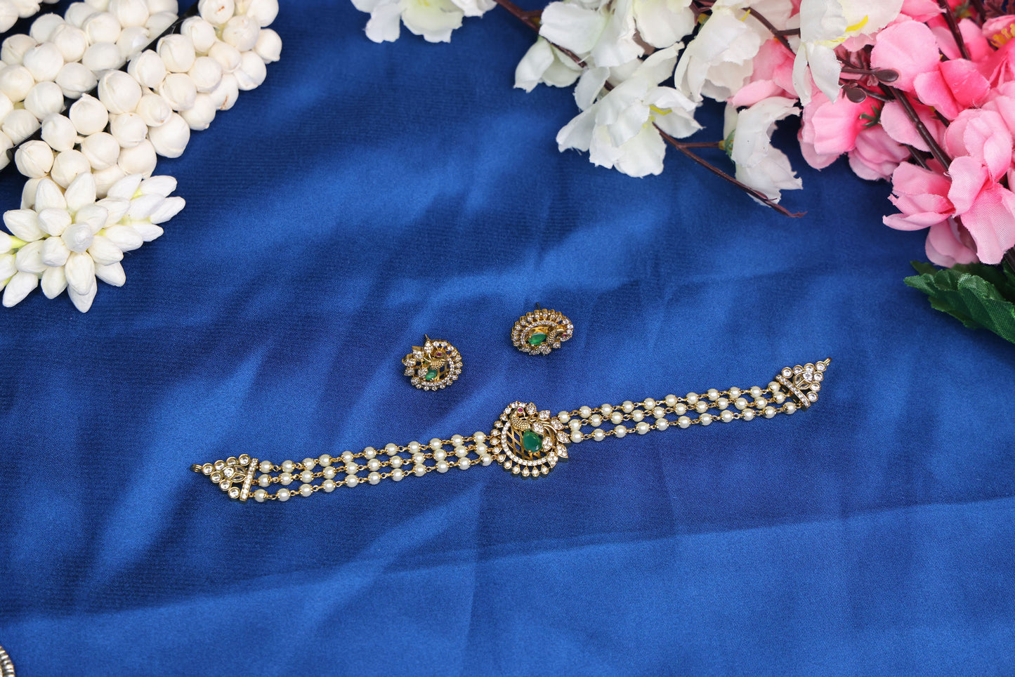 Premium Gold Replica Pearl Choker Set with Matching Earrings