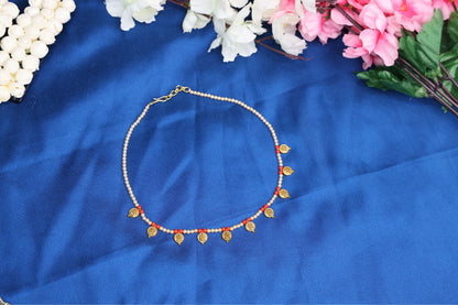 Antique Lakshmi Kasu Short Chain with swaroski Pearl & Coral Beads