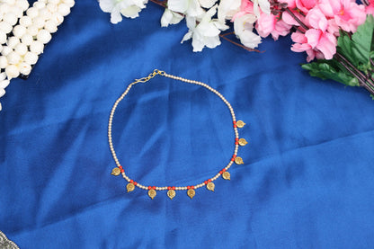 Antique Lakshmi Kasu Short Chain with swaroski Pearl & Coral Beads