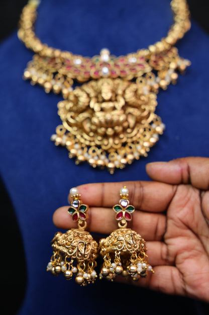 3D Gold Look Alike Lakshmi Necklace Set with Earrings