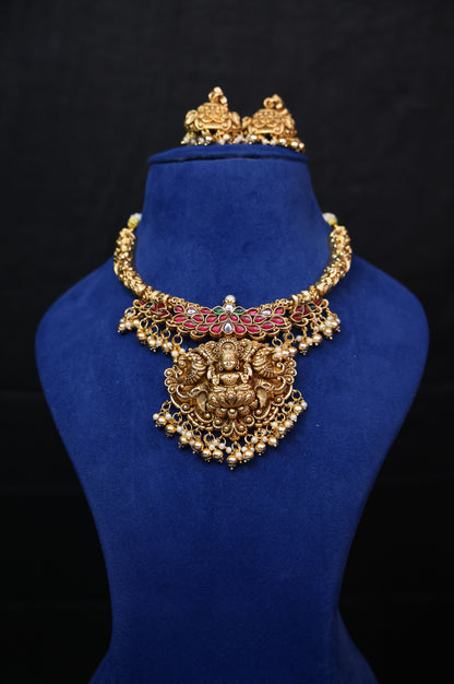 3D Gold Look Alike Lakshmi Necklace Set with Earrings