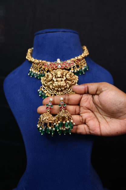 3D Gold Look Alike Lakshmi Necklace Set with Earrings