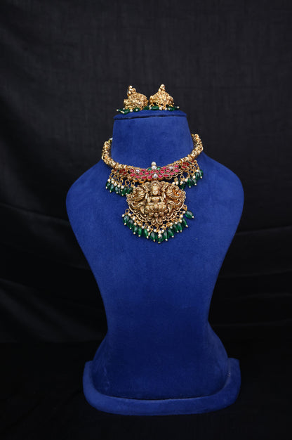 3D Gold Look Alike Lakshmi Necklace Set with Earrings