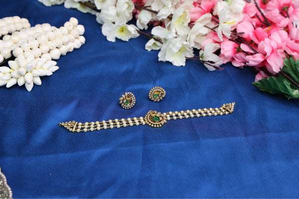 Premium Gold Replica Pearl Choker Set with Matching Earrings