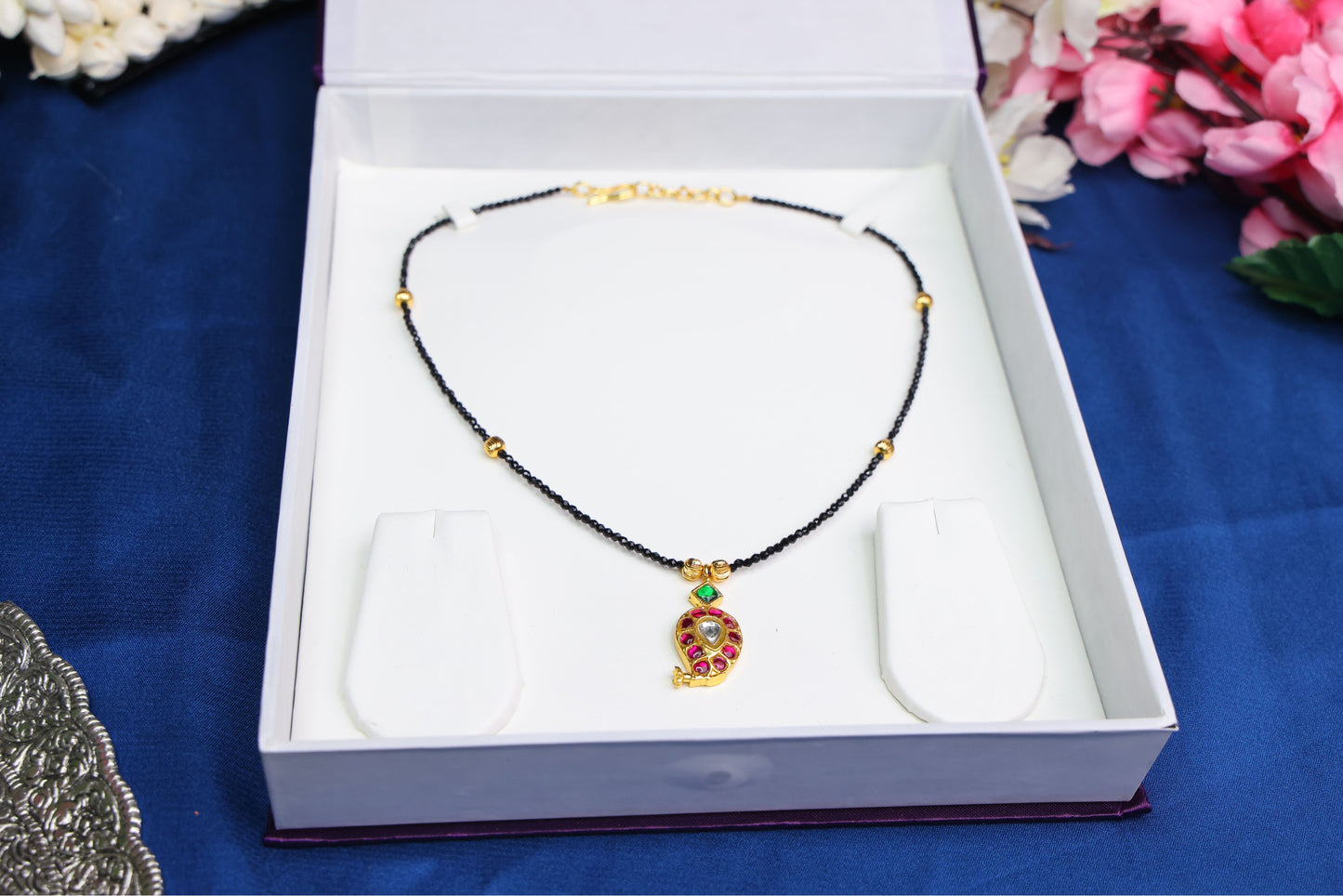 Elegant Mango Jadau Pendant with Black Beads