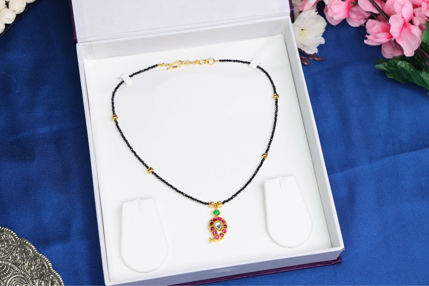 Elegant Mango Jadau Pendant with Black Beads