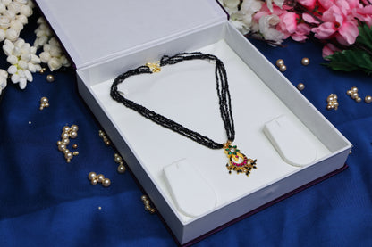 Elegant Floral Jadau Pendant Layered Black Bead Chain