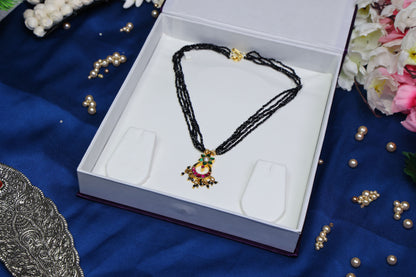 Elegant Floral Jadau Pendant Layered Black Bead Chain