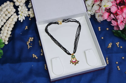 Elegant Floral Jadau Pendant Layered Black Bead Chain