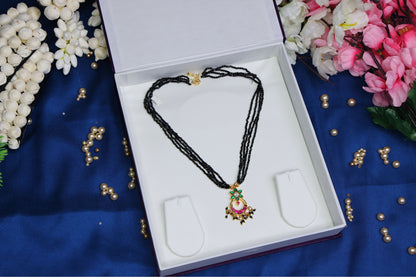 Elegant Floral Jadau Pendant Layered Black Bead Chain