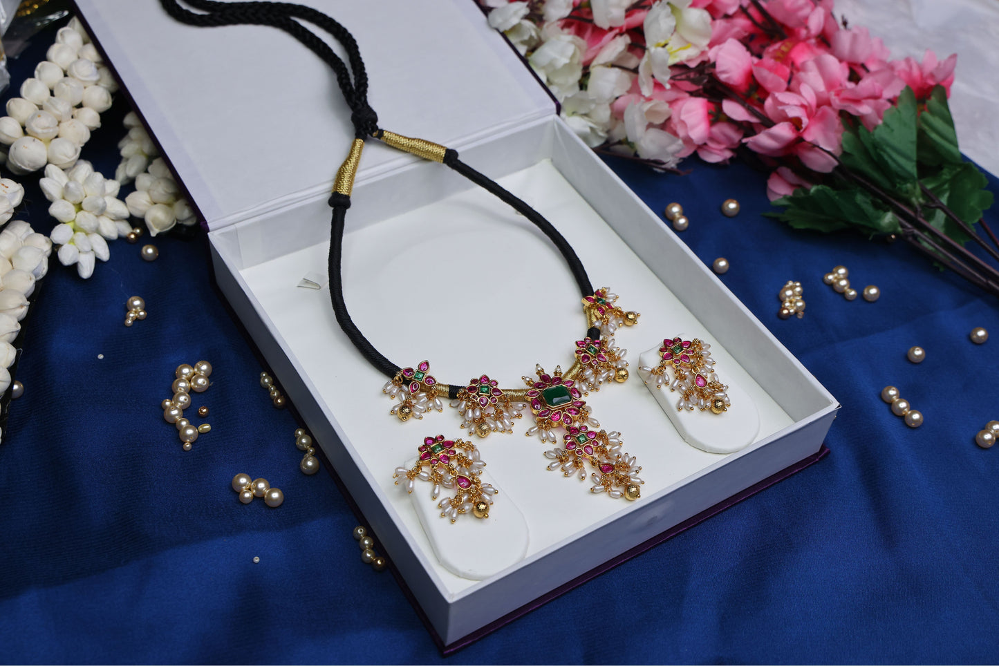 Traditional Kempu Stone Multi-Color Black Thread Chain with rice pearls