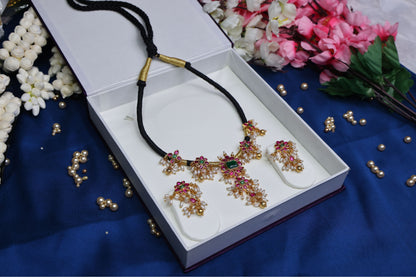 Traditional Kempu Stone Multi-Color Black Thread Chain with rice pearls