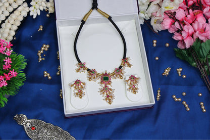 Traditional Kempu Stone Multi-Color Black Thread Chain with rice pearls