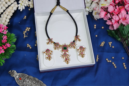 Traditional Kempu Stone Multi-Color Black Thread Chain with rice pearls