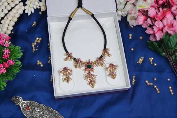 Traditional Kempu Stone Multi-Color Black Thread Chain with rice pearls
