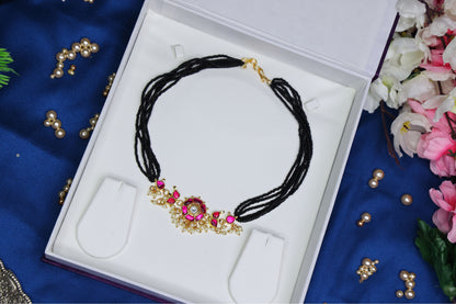 Traditional Floral Bunch Jadau Kundan Pendant Black Beads