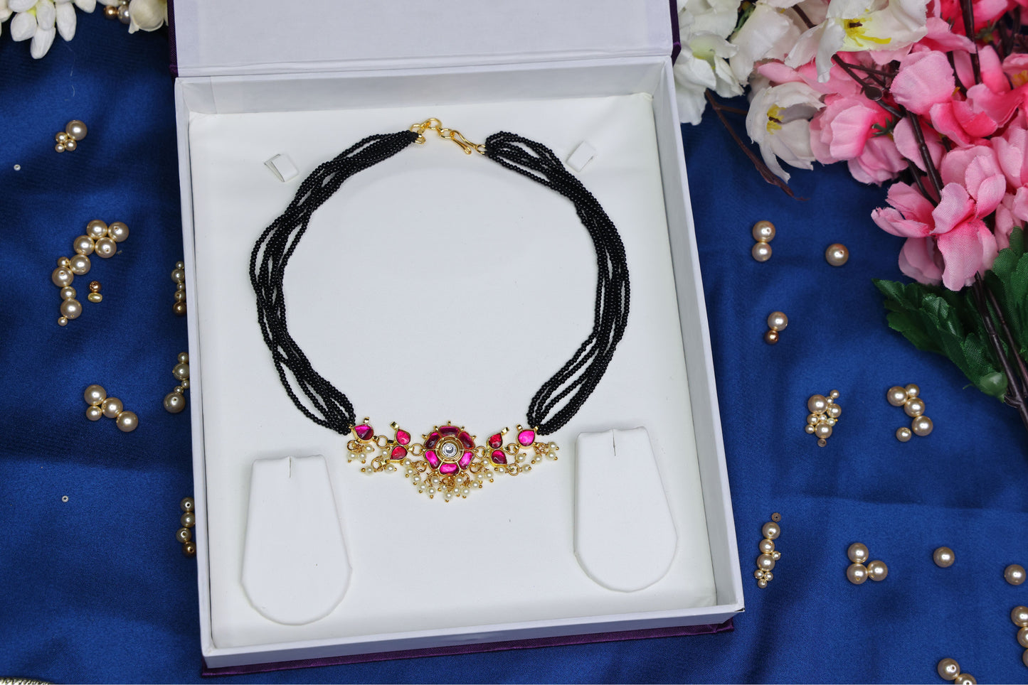 Traditional Floral Bunch Jadau Kundan Pendant Black Beads