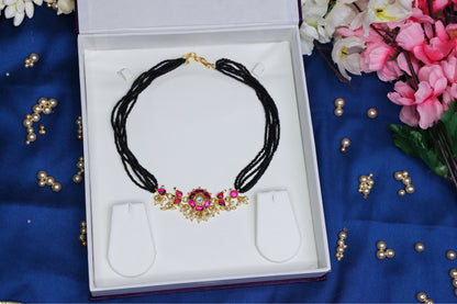 Traditional Floral Bunch Jadau Kundan Pendant Black Beads