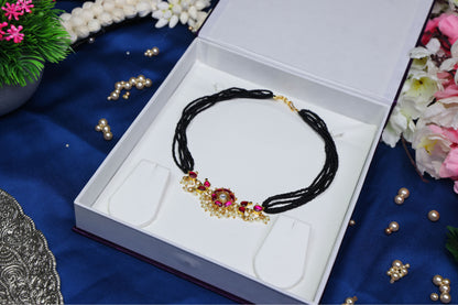 Traditional Floral Bunch Jadau Kundan Pendant Black Beads