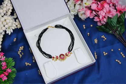 Traditional Floral Bunch Jadau Kundan Pendant Black Beads