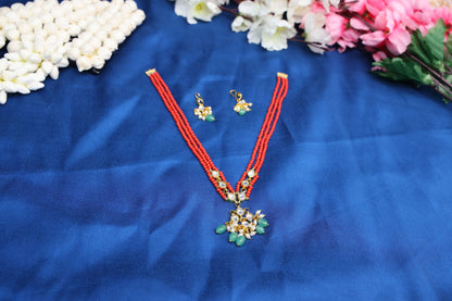 Beautiful Handmade Jadau Kundan Coral Neckset with Matching Earrings