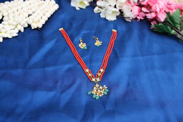 Beautiful Handmade Jadau Kundan Coral Neckset with Matching Earrings