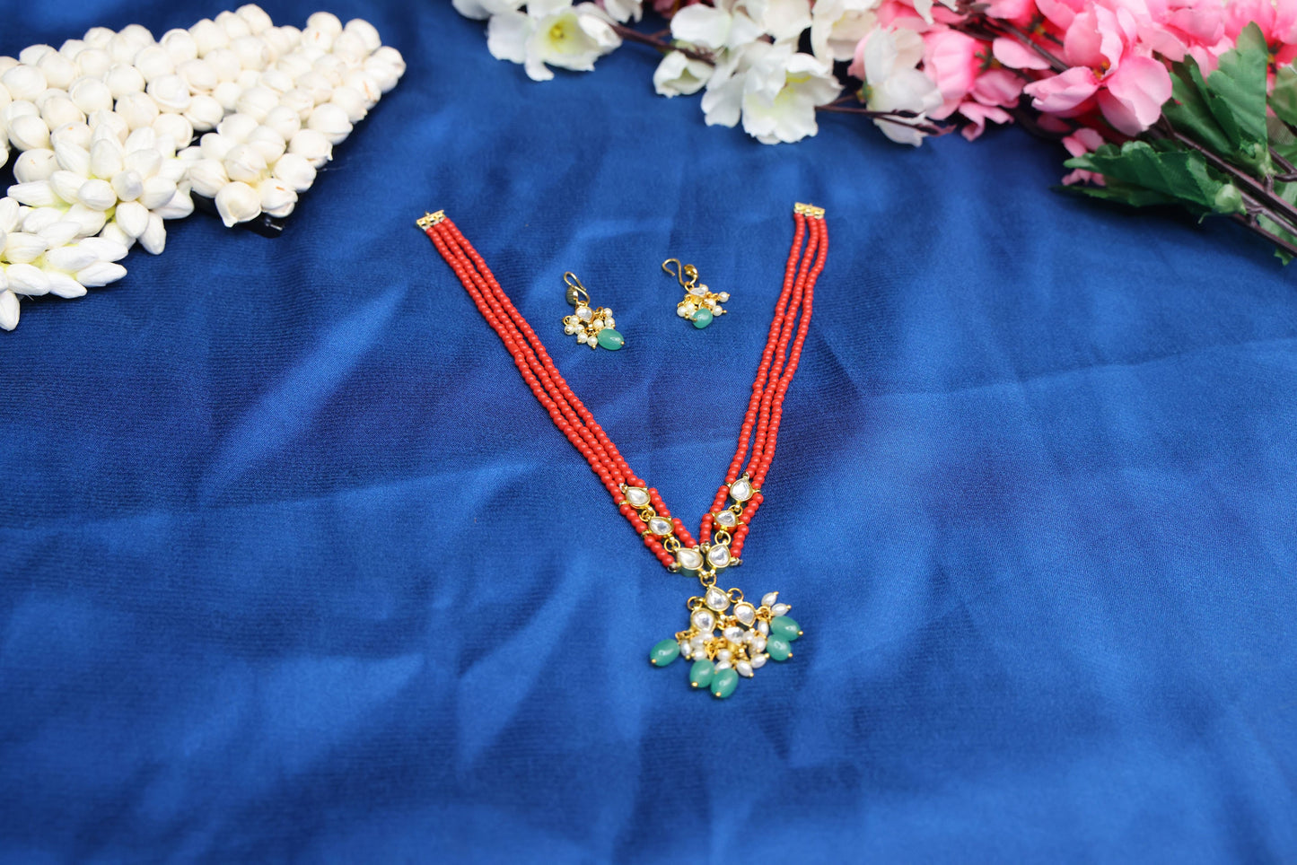 Beautiful Handmade Jadau Kundan Coral Neckset with Matching Earrings