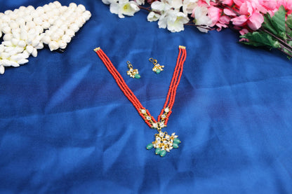 Beautiful Handmade Jadau Kundan Coral Neckset with Matching Earrings