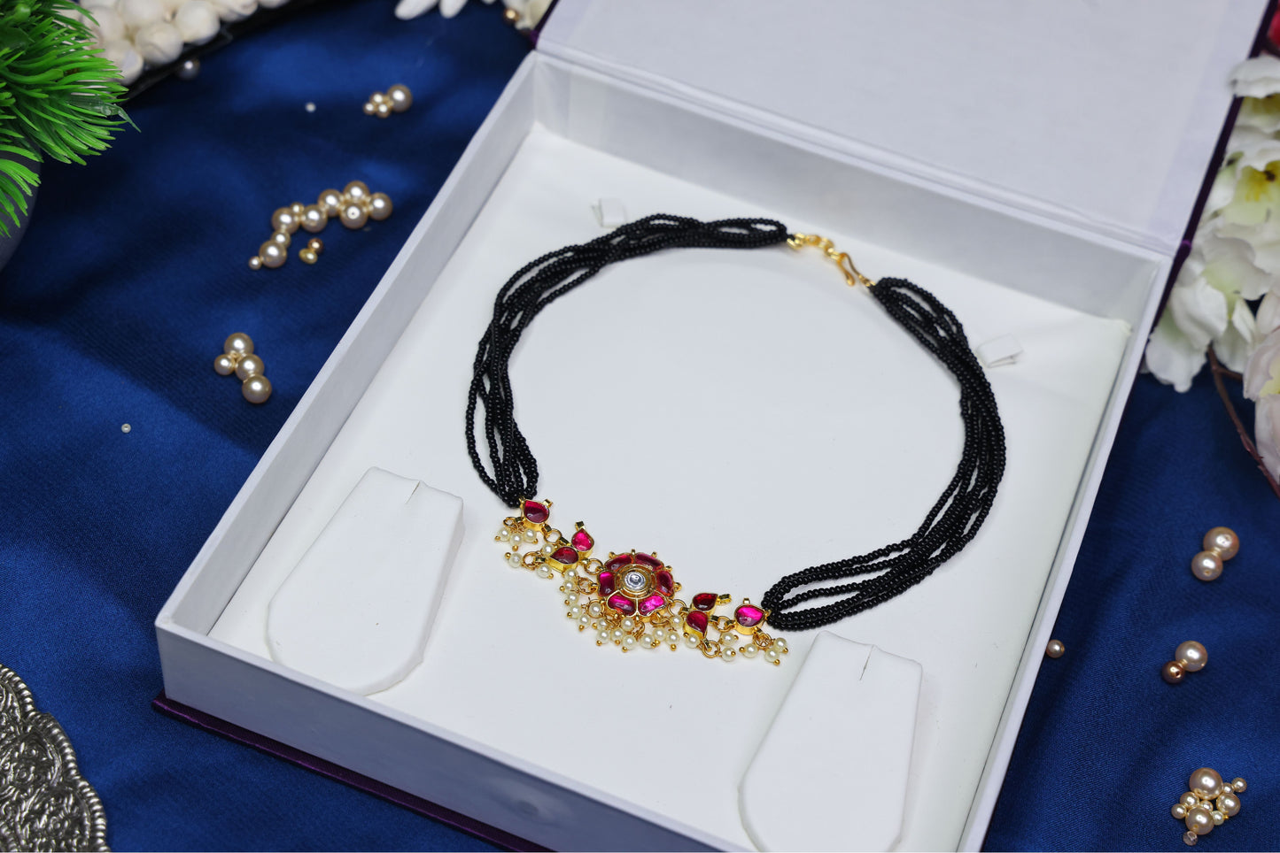 Traditional Floral Bunch Jadau Kundan Pendant Black Beads