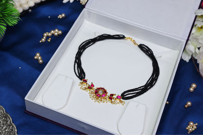 Traditional Floral Bunch Jadau Kundan Pendant Black Beads