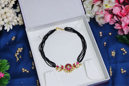Traditional Floral Bunch Jadau Kundan Pendant Black Beads