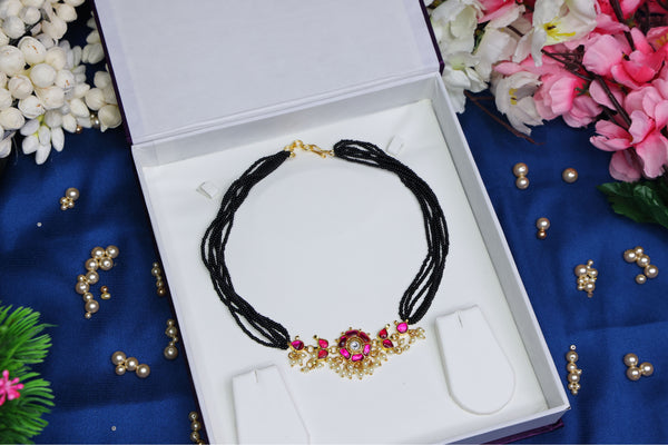 Traditional Floral Bunch Jadau Kundan Pendant Black Beads