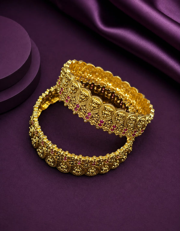 Divine Lakshmi Kasu Bangles with Radiant Ruby Stones set of 2