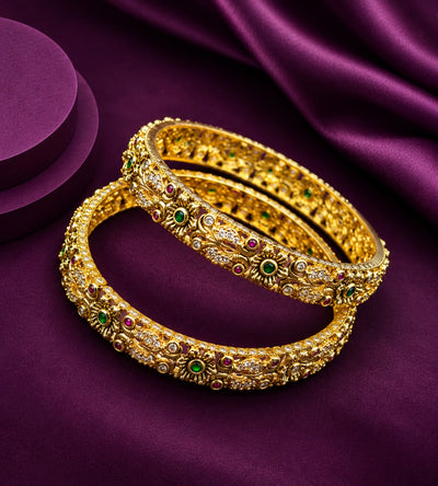Premium Gold Finish Floral Bangles | Replica Gold Bangles - set of 2