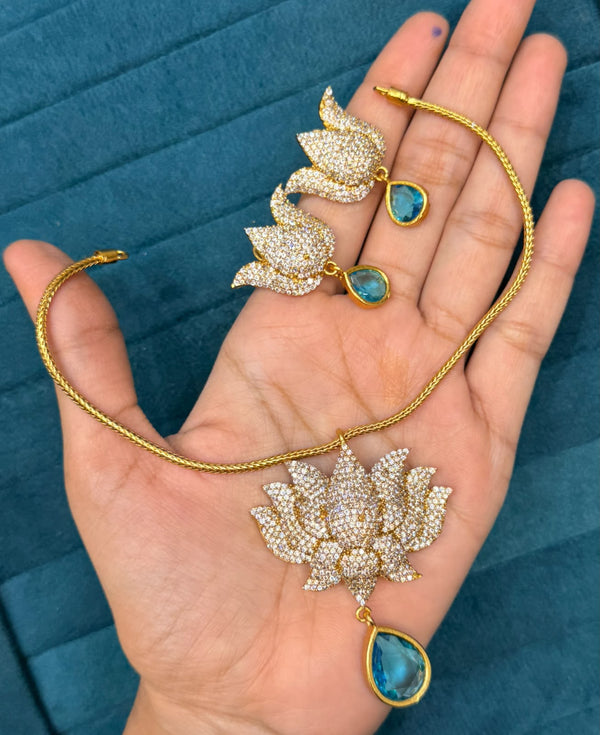 Onam special Original cz stones Lotus neckset with earrings