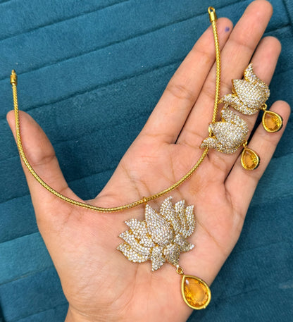 Onam special Original cz stones Lotus neckset with earrings