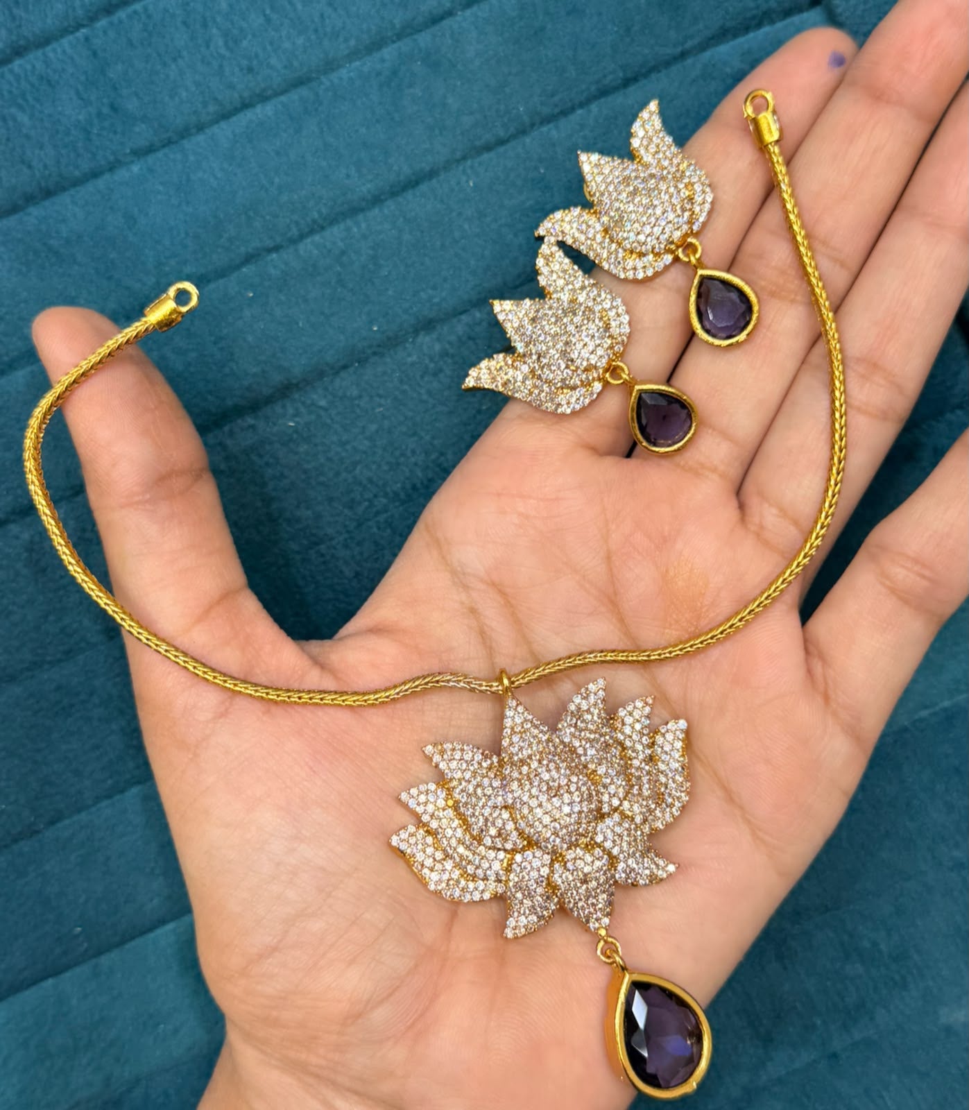Onam special Original cz stones Lotus neckset with earrings
