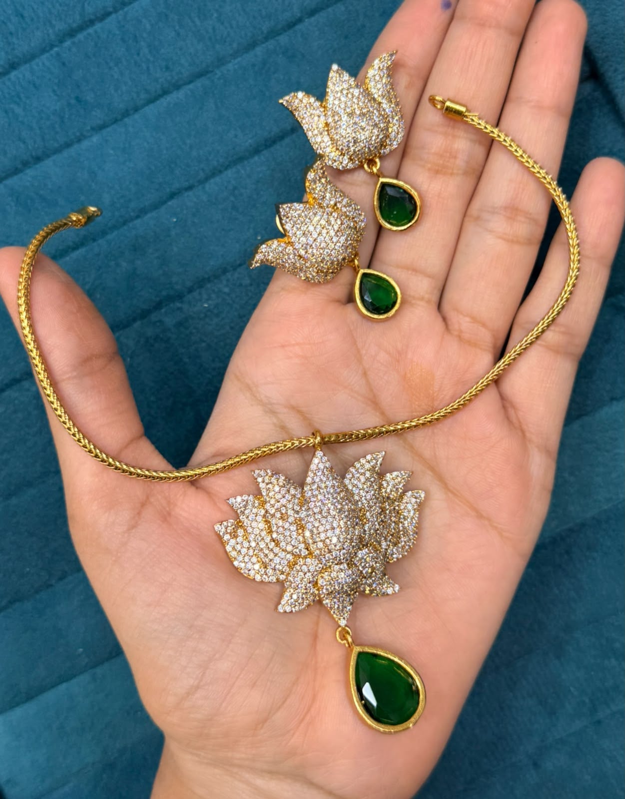 Onam special Original cz stones Lotus neckset with earrings