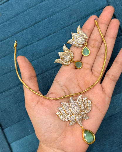 Onam special Original cz stones Lotus neckset with earrings