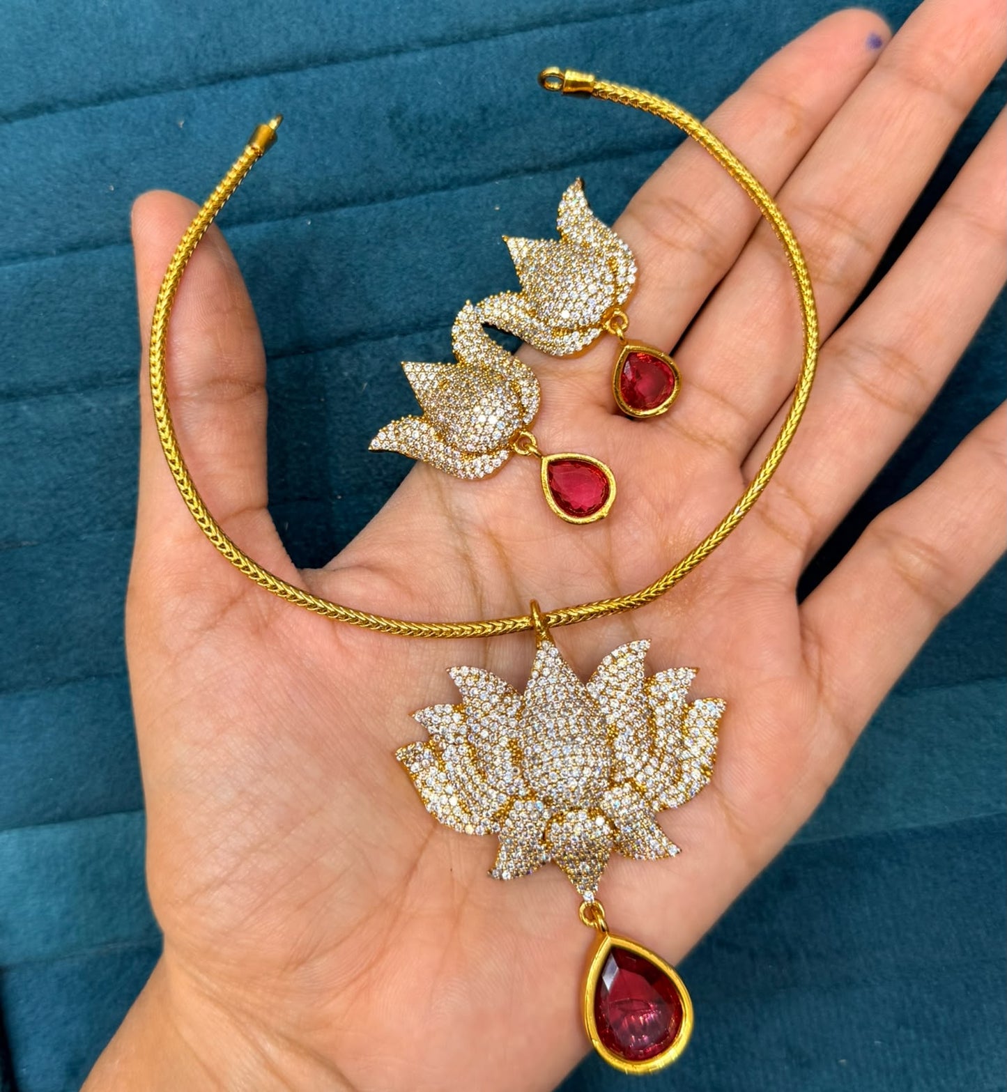 Onam special Original cz stones Lotus neckset with earrings