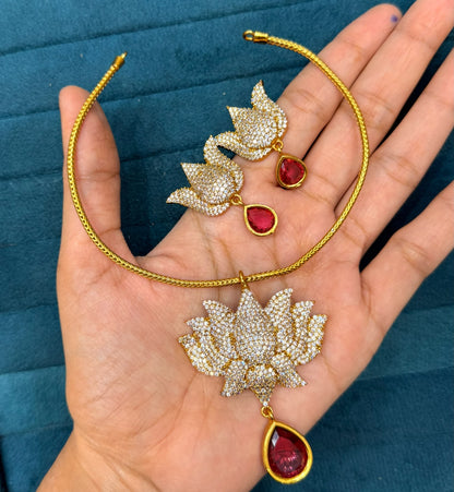 Onam special Original cz stones Lotus neckset with earrings